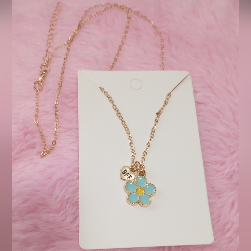 Golden Blue Daisy Flower Pendant BFF Necklace